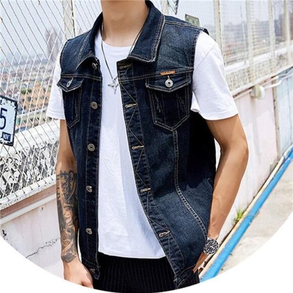 Men's Casual Button Up Denim Vest Vintage Sleeveless Jeans Vest Jacket - Picture 2 of 7